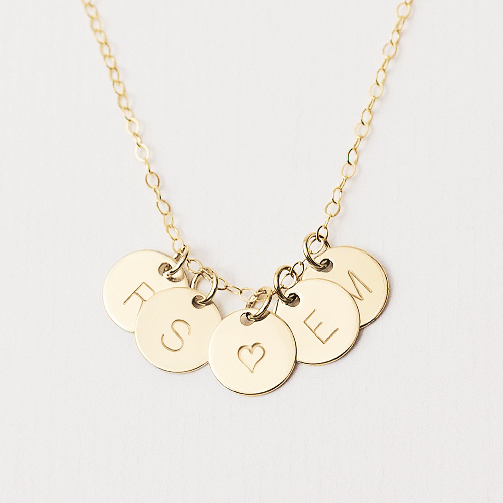Delicate gold initial disc necklace - Multiple initial necklace -  personalised 18k rose gold filled necklace - gold circle necklace