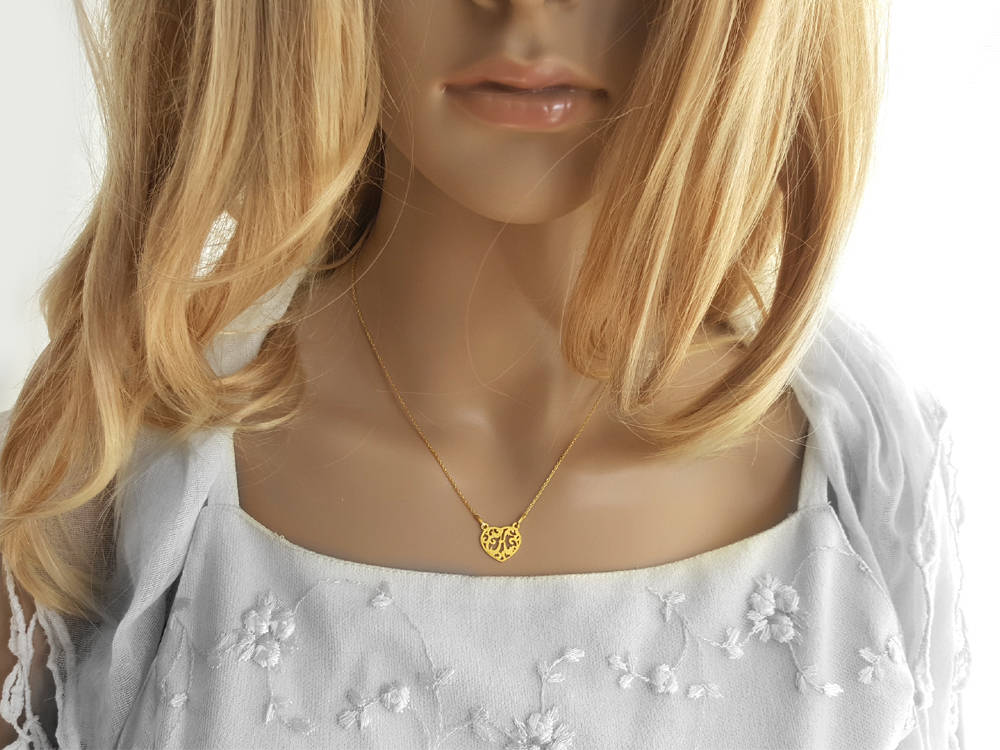 Filigree Letter Y Necklace, Heart Design, Initial Necklace Y, Alphabet Necklace, Gold Plated Letter Y, Heart Charm Necklace, Gift Jewelry