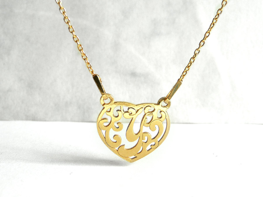 Filigree Letter Y Necklace, Heart Design, Initial Necklace Y, Alphabet Necklace, Gold Plated Letter Y, Heart Charm Necklace, Gift Jewelry