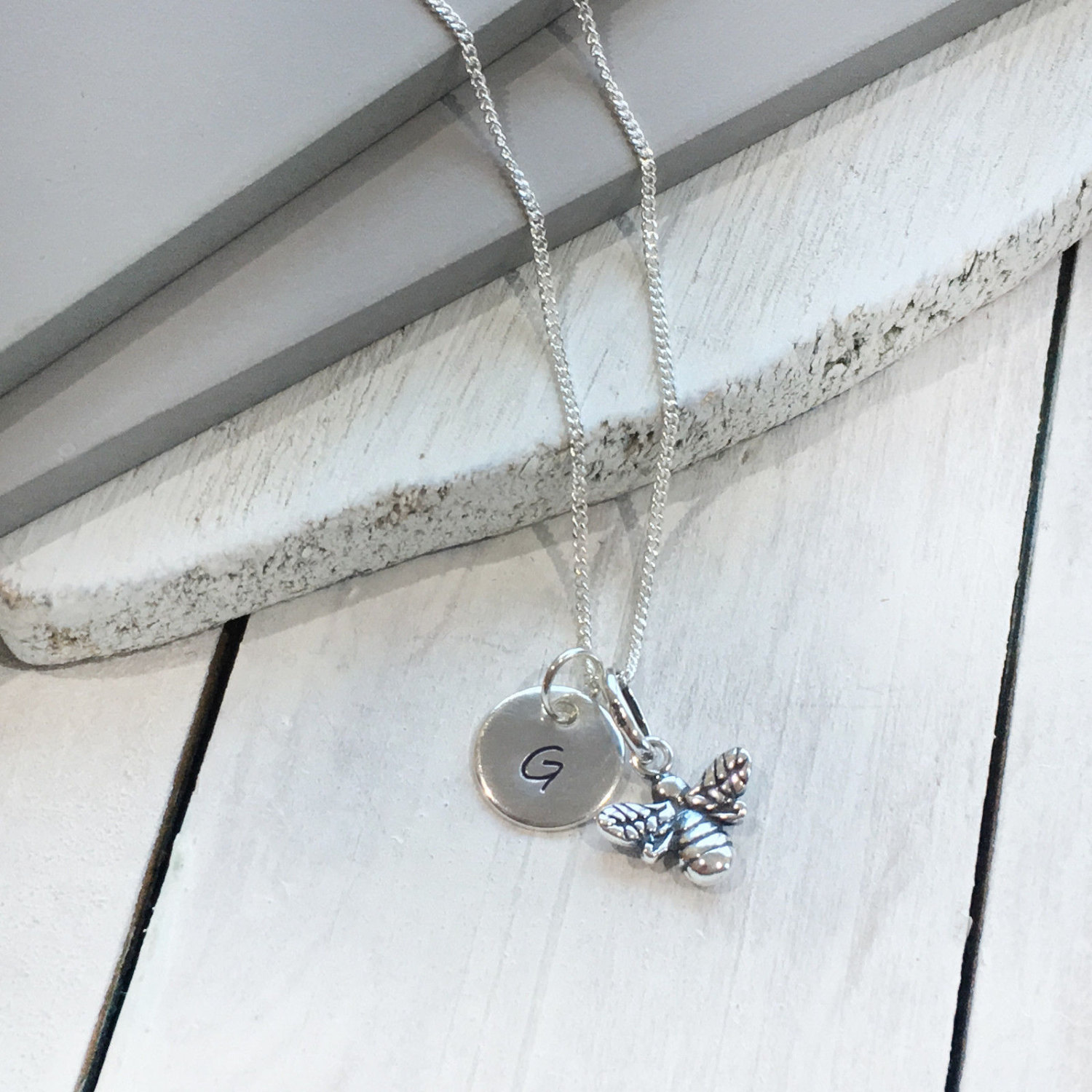 Hanstamped - Sterling Silver, Personalised - Initial - Letter - Bee - Charm - Necklace - Pendant - Her gift - Handmade