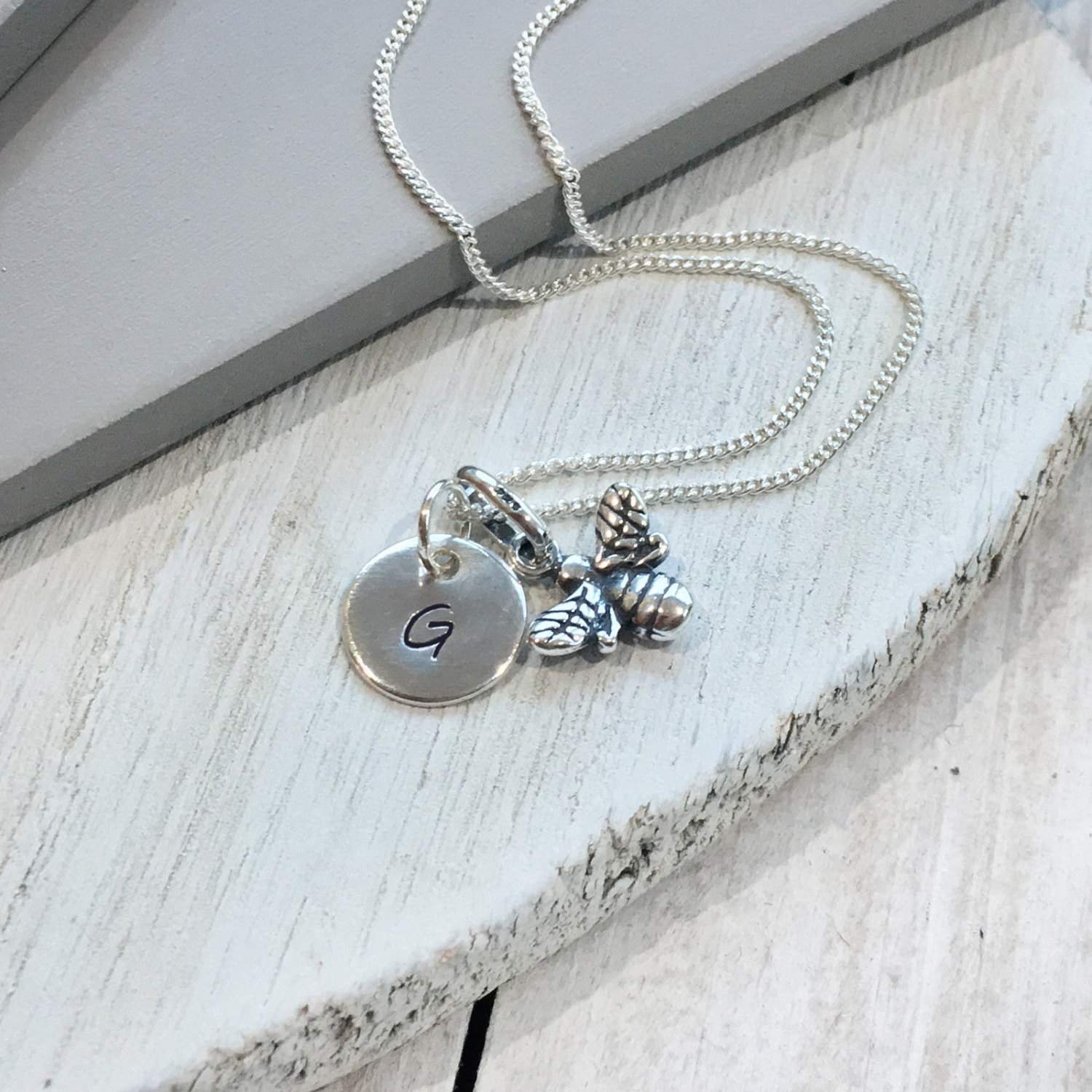 Hanstamped - Sterling Silver, Personalised - Initial - Letter - Bee - Charm - Necklace - Pendant - Her gift - Handmade