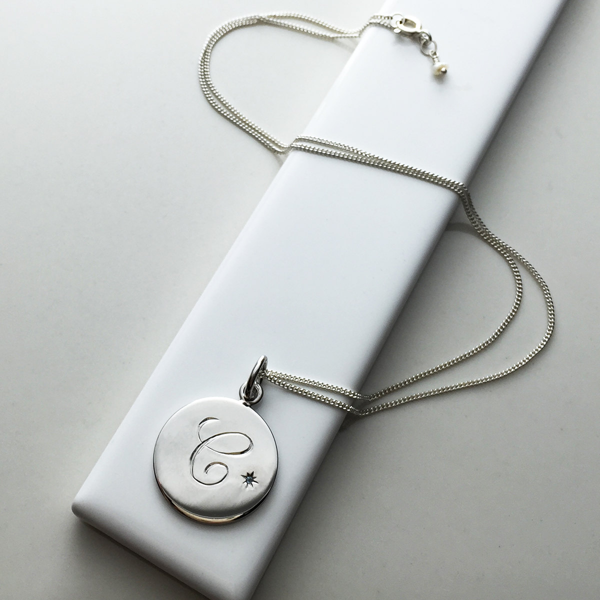 March Birthstone Initial Necklace in Sterling Silver