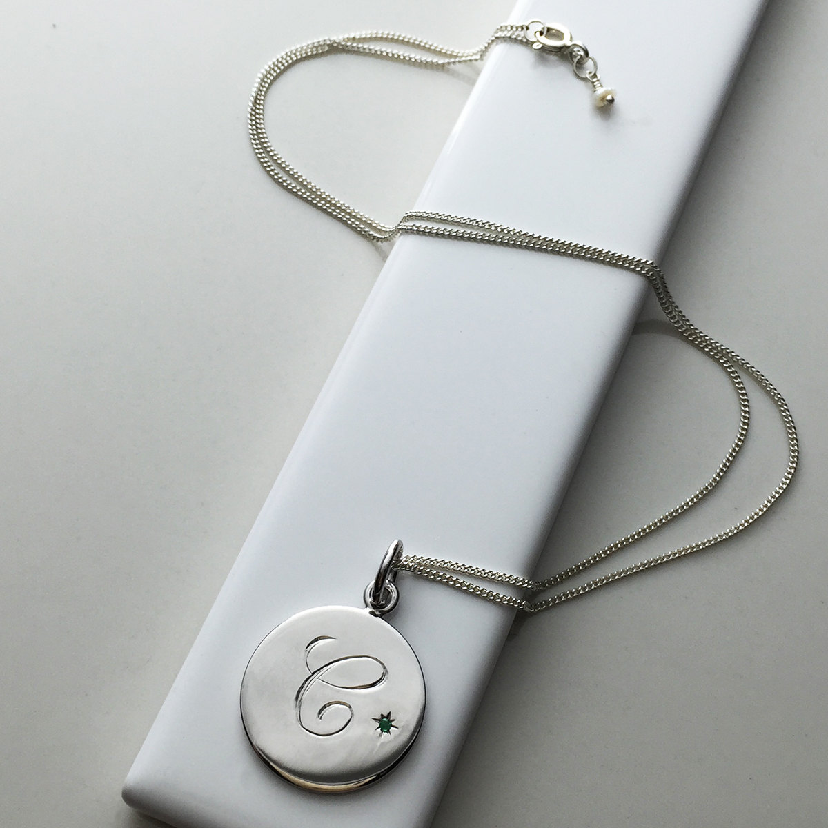 May Birthstone Initial Necklace in Sterling Silver