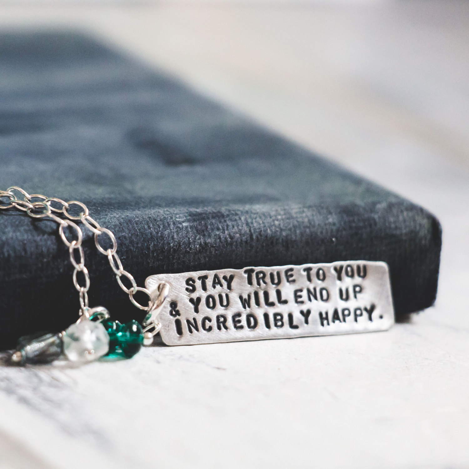 Personalized Inspirational Mantra or Quote Necklace + A Cluster of Czech Glass Beads : Gift for a Woman  {Hand Stamped Sterling Silver}