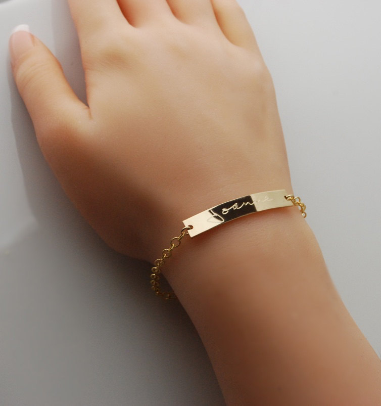Actual handwriting engraved bar nameplate bracelet in 14k gold fill Custom personalized sentimental memorial jewelry your own or loved ones
