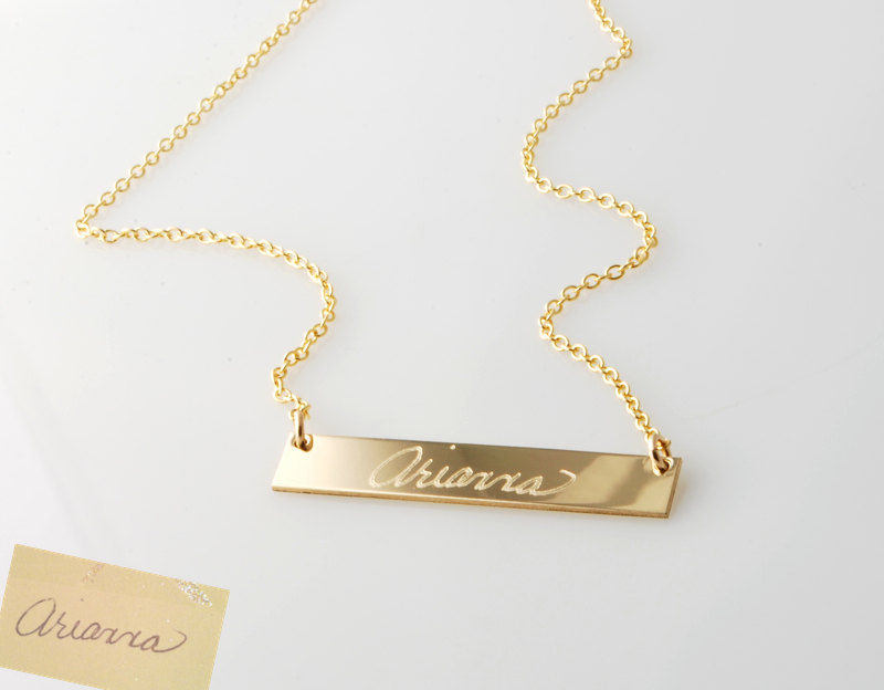 Your own or a loved ones handwriting & signature custom engraved silver,  14k rose or yellow gold filled horizontal bar nameplate necklace