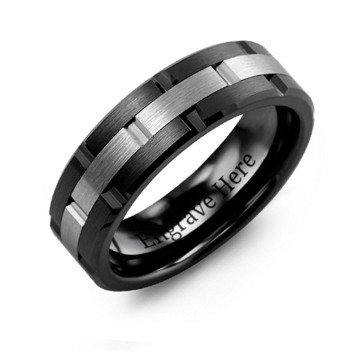 Men's Ceramic &amp; Tungsten Grooved Brushed Ring - All Birthstone&trade;