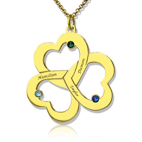 Birthstone Triple Heart Necklace Engraved Name in 18ct Gold Plated  - All Birthstone&trade;