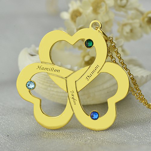 Birthstone Triple Heart Necklace Engraved Name in 18ct Gold Plated  - All Birthstone&trade;