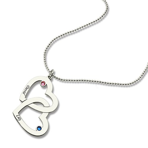Double Heart Necklace with Name  Birthstones Sterling Silver  - All Birthstone&trade;