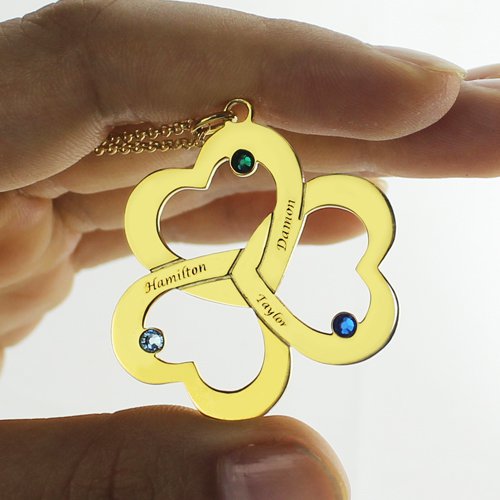 Birthstone Triple Heart Necklace Engraved Name in 18ct Gold Plated  - All Birthstone&trade;