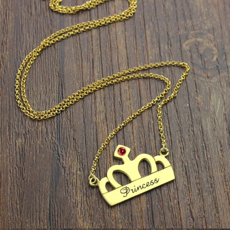 Princess Crown Charm Necklace with Birthstone  Name 18ct Gold Plated  - All Birthstone&trade;