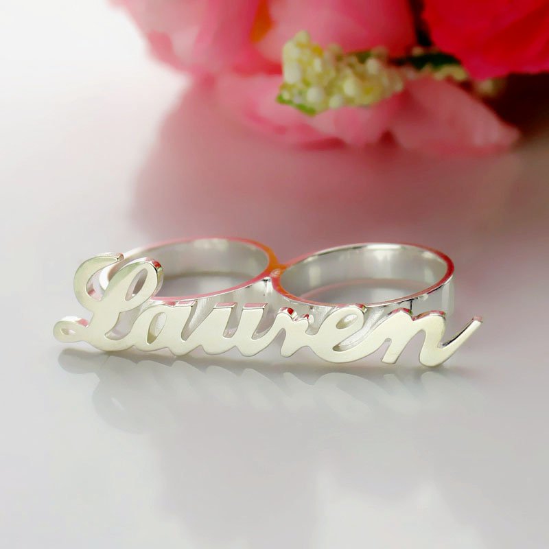 Personalised Allegro Two Finger Name Ring Sterling Silver - All Birthstone&trade;