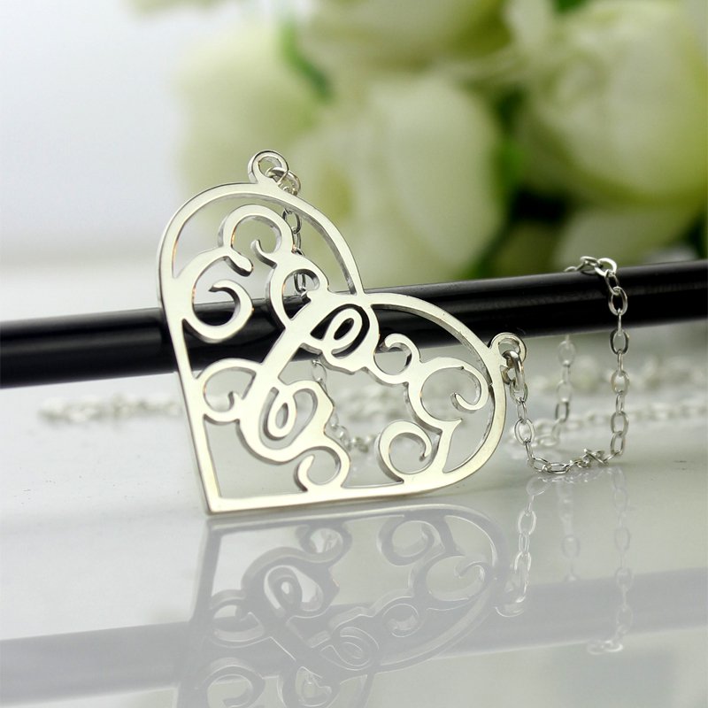 Heart Monogram Necklace Sterling Silver - All Birthstone&trade;