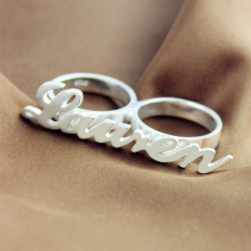 Personalised Allegro Two Finger Name Ring Sterling Silver - All Birthstone&trade;