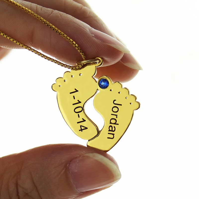 Birthstone Memory Baby Feet Charms with Date  Name 18ct Gold Plated  - All Birthstone&trade;