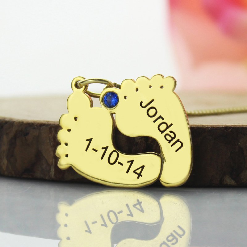 Birthstone Memory Baby Feet Charms with Date  Name 18ct Gold Plated  - All Birthstone&trade;