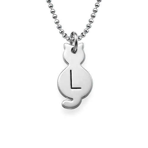 Tiny Cat Necklace with Initial in Sterling Silver - All Birthstone&trade;