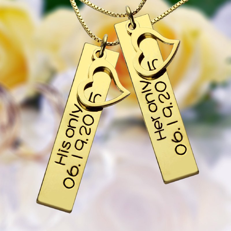 Couples Bar Necklace Engraved Name  Date 18ct Gold Plated - All Birthstone&trade;