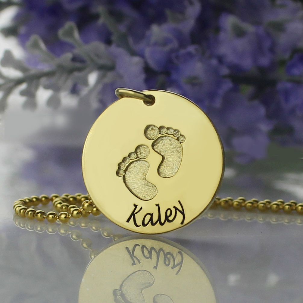Personalised Baby Footprints Name Necklace 18ct Gold Plated - All Birthstone&trade;