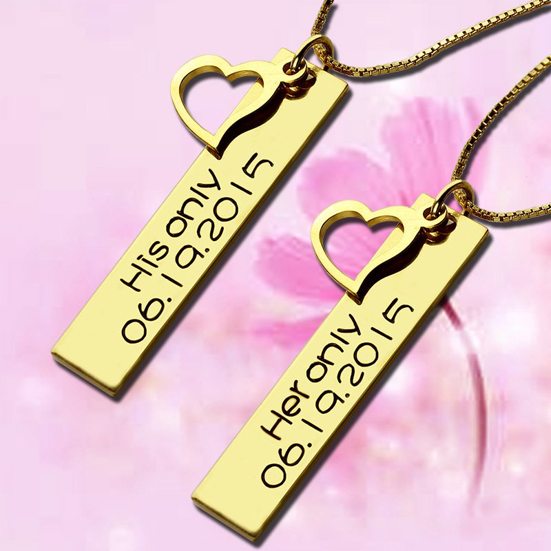 Couples Bar Necklace Engraved Name  Date 18ct Gold Plated - All Birthstone&trade;